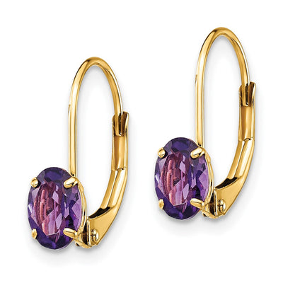 14K Oval Amethyst Leverback Earrings, 16 x 4mm