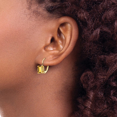 14K Emerald Cut Citrine Leverback Earrings
