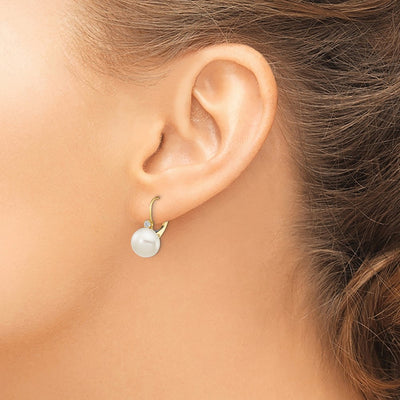 14K White Button Freshwater Cultured Pearl and .10 Carat Diamond Leverback Earrings