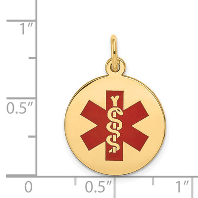 14K Round Red Enameled Medical Jewelry Pendant, 22 x 16mm