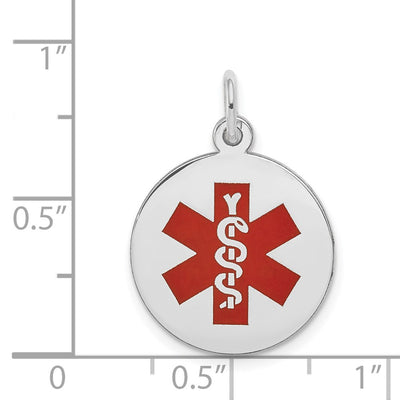 14K White Gold Round Red Enameled Medical Jewelry Pendant, 22 x 16mm