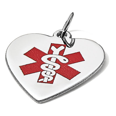 14K White Gold Heart-Shaped Red Enameled Medical Jewelry Pendant, 26 x 19mm