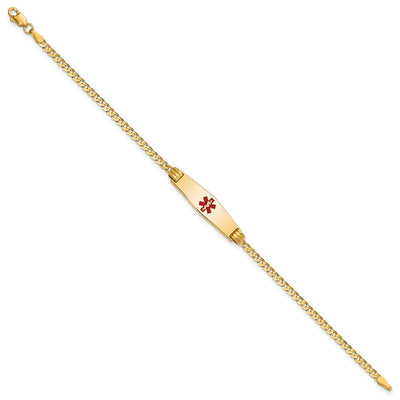 14K Medical Solid Chain/Solid Plate Soft Diamond Shape Centered Red Enamel Curb Link ID Bracelet, 7 x 7.5mm