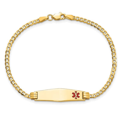 14K Medical Solid Chain/Solid Plate Soft Diamond Shape Off-Center Red Enamel Curb Link ID Bracelet, 7 x 7.5mm (FC-7)