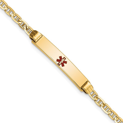 14K Medical Solid Chain/Solid Plate Centered Red Enamel Anchor Link Baby/Child ID Bracelet