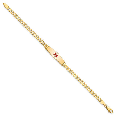 14K Medical Solid Chain/Solid Plate Soft Diamond Shape Centered Red Enamel Curb Link ID Bracelet, 7 x 7.5mm (CC-7)