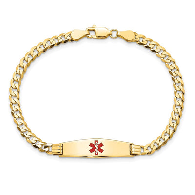 14K Medical Solid Chain/Solid Plate Soft Diamond Shape Centered Red Enamel Curb Link ID Bracelet, 7 x 7.5mm (CC-7)