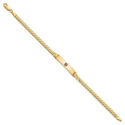 14K Medical Solid Chain/Solid Plate Centered Red Enamel Curb Link ID Bracelet, 8 x 5.5mm
