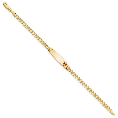 14K Medical Solid Chain/Solid Plate Soft Diamond Shape Off-Center Red Enamel Curb Link ID Bracelet, 7 x 7.5mm
