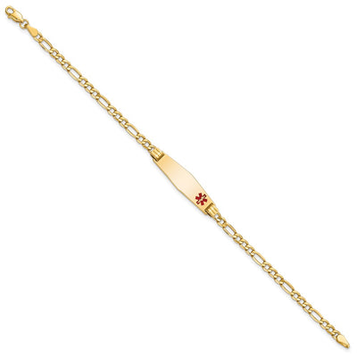 14K Medical Semi-Solid Chain/Solid Plate Soft Diamond Shape Off-Center Red Enamel Figaro Link ID Bracelet, 7 x 7.5mm
