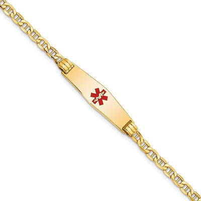14K Medical Semi-Solid Chain/Solid Plate Soft Diamond Shape Centered Red Enamel Anchor Link ID Bracelet