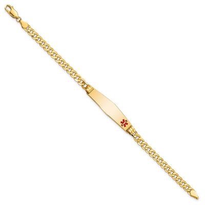 14K Medical Solid Chain/Solid Plate Soft Diamond Shape Off-Center Red Enamel Curb Link ID Bracelet, 7 x 9mm (FC-7)