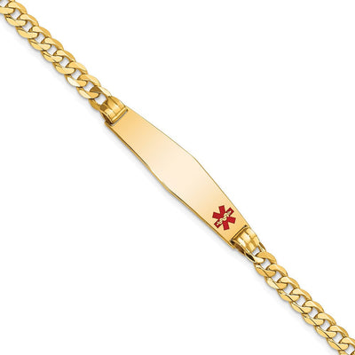 14K Medical Solid Chain/Solid Plate Soft Diamond Shape Off-Center Red Enamel Curb Link ID Bracelet, 7 x 9mm (FC-7)