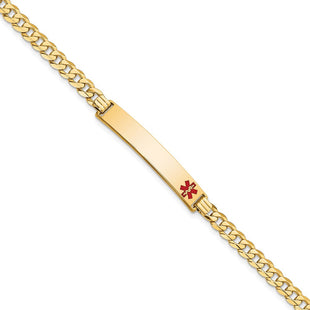 14K Medical Solid Chain/Solid Plate Off-Center Red Enamel Curb Link ID Bracelet (Style XM567FR-7)