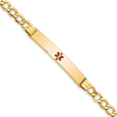 14K Medical Semi-Solid Chain/Solid Plate Centered Red Enamel Cuban Link ID Bracelet, 7 x 6.5mm