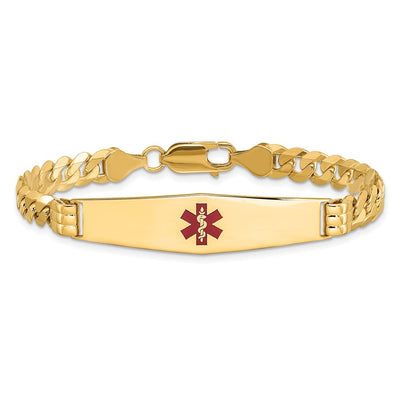 14K Medical Solid Chain/Solid Plate Soft Diamond Shape Centered Red Enamel Curb Link ID Bracelet, 7 x 9.5mm