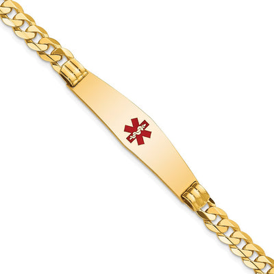 14K Medical Solid Chain/Solid Plate Soft Diamond Shape Centered Red Enamel Curb Link ID Bracelet, 7 x 9.5mm
