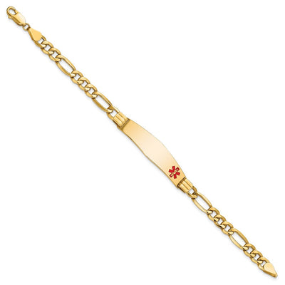 14K Medical Semi-Solid Chain/Solid Plate Soft Diamond Shape Off-Center Red Enamel Figaro Link ID Bracelet, 7 x 9.5mm