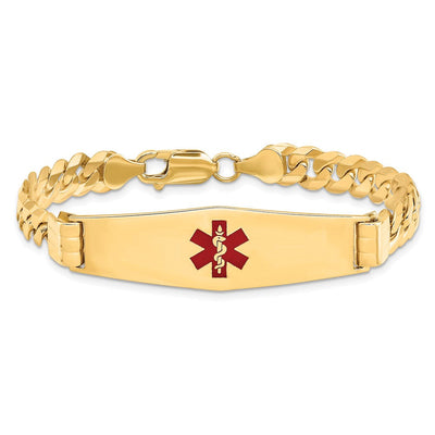 14K Medical Solid Chain/Solid Plate Soft Diamond Shape Centered Red Enamel Curb Link ID Bracelet, 7 x 13.5mm