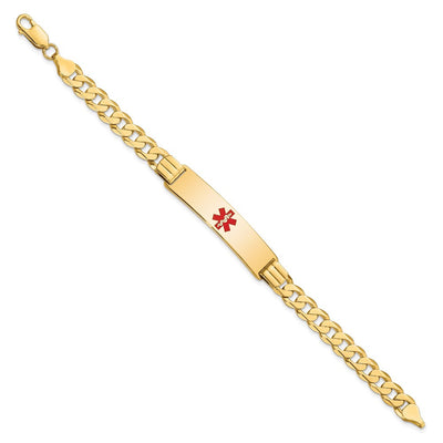 14K Medical Solid Chain/Solid Plate Centered Red Enamel Curb Link ID Bracelet, 7 x 10.5mm