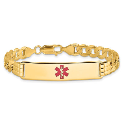 14K Medical Solid Chain/Solid Plate Centered Red Enamel Curb Link ID Bracelet, 7 x 10.5mm