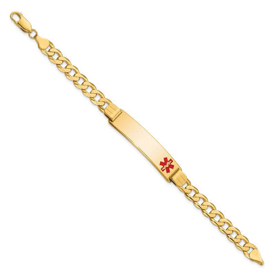 14K Medical Solid Chain/Solid Plate Off-Center Red Enamel Curb Link ID Bracelet, 7 x 10.5mm