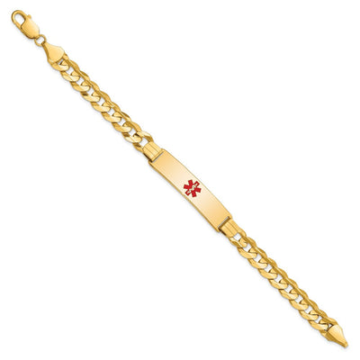 14K Medical Solid Chain/Solid Plate Centered Red Enamel Curb Link ID Bracelet, 8 x 10.5mm