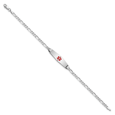 14K White Gold Medical Solid Chain/Solid Plate Soft Diamond Shape Centered Red Enamel Figaro Link ID Bracelet, 7 x 7.5mm