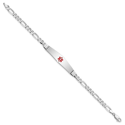 14K White Gold Medical Solid Chain/Solid Plate Soft Diamond Shape Centered Red Enamel Figaro Link ID Bracelet, 7 x 9mm