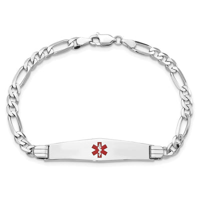 14K White Gold Medical Solid Chain/Solid Plate Soft Diamond Shape Centered Red Enamel Figaro Link ID Bracelet, 7 x 9mm