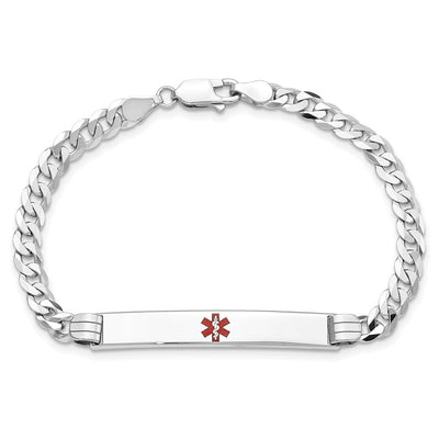 14K White Gold Medical Solid Chain/Solid Plate Centered Red Enamel Flat Curb Link ID Bracelet