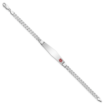 14K White Gold Medical Solid Chain/Solid Plate Soft Diamond Shape 37x9mm Off-Center Red Enamel Flat Curb Link ID Bracelet