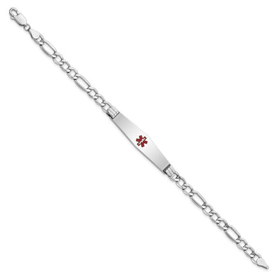14K White Gold Medical Semi-Solid Chain/Solid Plate Soft Diamond Shape Centered Red Enamel Figaro Link ID Bracelet, 7 x 9mm