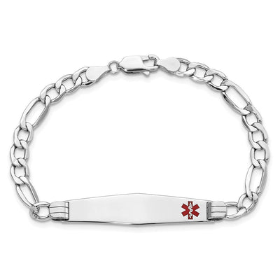 14K White Gold Medical Semi-Solid Chain/Solid Plate Soft Diamond Shape Off-Center Red Enamel Figaro Link ID Bracelet