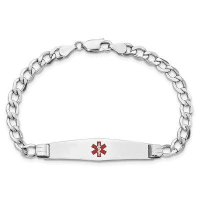 14K White Gold Medical Semi-Solid Chain/Solid Plate Soft Diamond Shape Centered Red Enamel Curb Link ID Bracelet