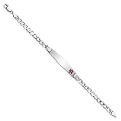 14K White Gold Medical Semi-Solid Chain/Solid Plate Soft Diamond Shape Off-Center Red Enamel Cuban Link ID Bracelet