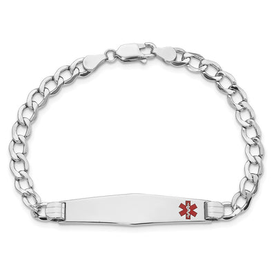 14K White Gold Medical Semi-Solid Chain/Solid Plate Soft Diamond Shape Off-Center Red Enamel Cuban Link ID Bracelet