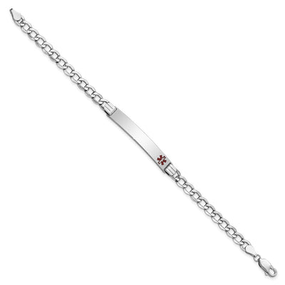 14K White Gold Medical Semi-solid Chain/Solid Plate Off-Center Red Enamel Curb Link ID Bracelet