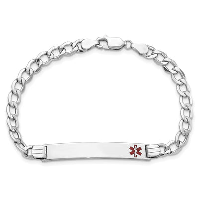 14K White Gold Medical Semi-solid Chain/Solid Plate Off-Center Red Enamel Curb Link ID Bracelet