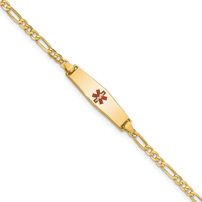 14K Medical Solid Chain/Solid Plate Soft Diamond Shape Centered Red Enamel Figaro Link Baby/Child ID Bracelet