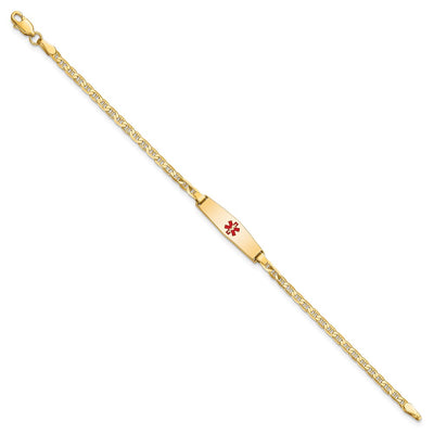 14K Medical Solid Chain/Solid Plate Soft Diamond Shape Centered Red Enamel Flat Anchor Link Baby/Child ID Bracelet