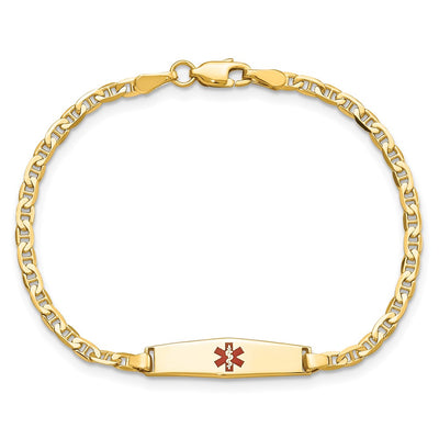 14K Medical Solid Chain/Solid Plate Soft Diamond Shape Centered Red Enamel Flat Anchor Link Baby/Child ID Bracelet