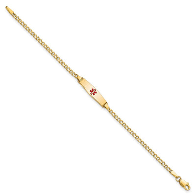 14K Medical Semi-Solid Chain/Solid Plate Soft Diamond Shape Centered Red Enamel Cuban Link Baby/Child ID Bracelet