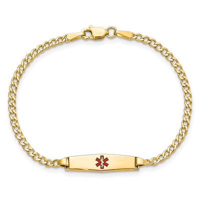 14K Medical Semi-Solid Chain/Solid Plate Soft Diamond Shape Centered Red Enamel Cuban Link Baby/Child ID Bracelet