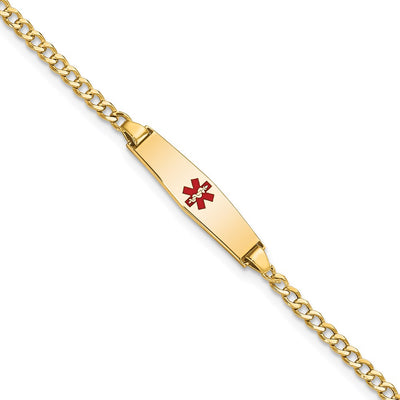 14K Medical Semi-Solid Chain/Solid Plate Soft Diamond Shape Centered Red Enamel Cuban Link Baby/Child ID Bracelet