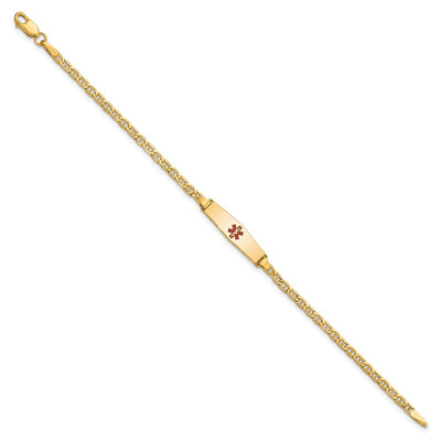 14K Medical Semi-Solid Chain/Solid Plate Soft Diamond Shape Centered Red Enamel Anchor Link Baby/Child ID Bracelet