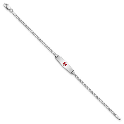 14K White Gold Medical Semi-Solid Chain/Solid Plate Soft Diamond Shape Centered Red Enamel Cuban Link ID Bracelet