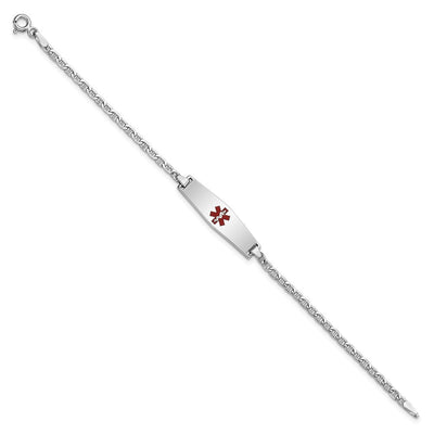 14K White Gold Medical Semi-Solid Chain/Solid Plate Soft Diamond Shape Centered Red Enamel Anchor Link Baby/Child ID Bracelet