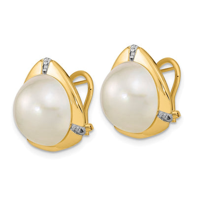 14K White Mabe Saltwater Cultured Pearl and .06 Carat Diamond Omega Back Earrings
