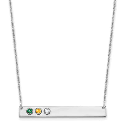 14K White Gold 3 Birthstone w/ 18K Rhodium Plated Bezels Large Bar Necklace